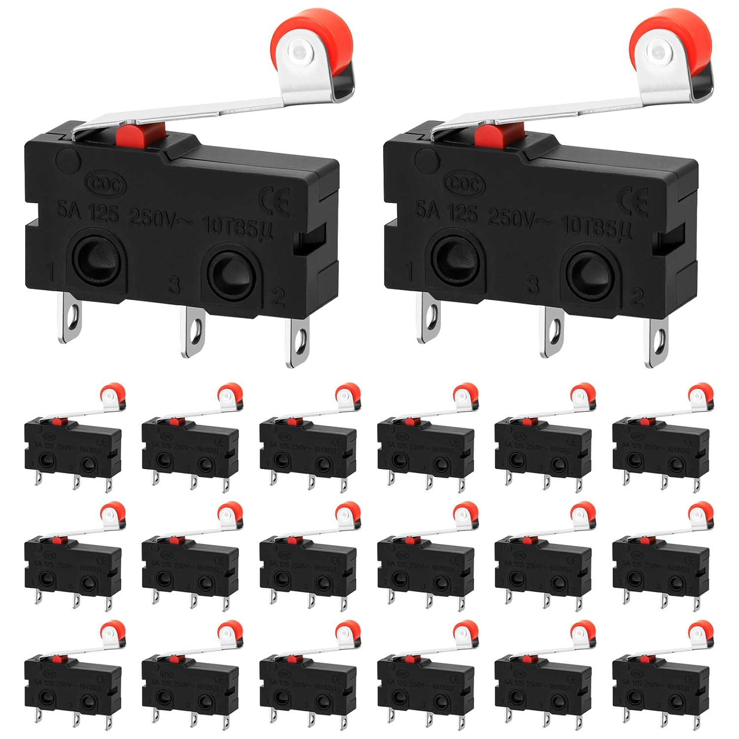 20-Pack KW12-3 Micro Limit Switch, AC 250V 5A SPDT Snap Action Roller Lever Arm Miniature Switch for 3D Printers, CNC Machines, & DIY Electronics Projects