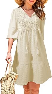 Dokotoo Women's Boho V-Neck Embroidered Mini Sundress - Half Sleeve Drawstring A-Line Summer Dress 2026