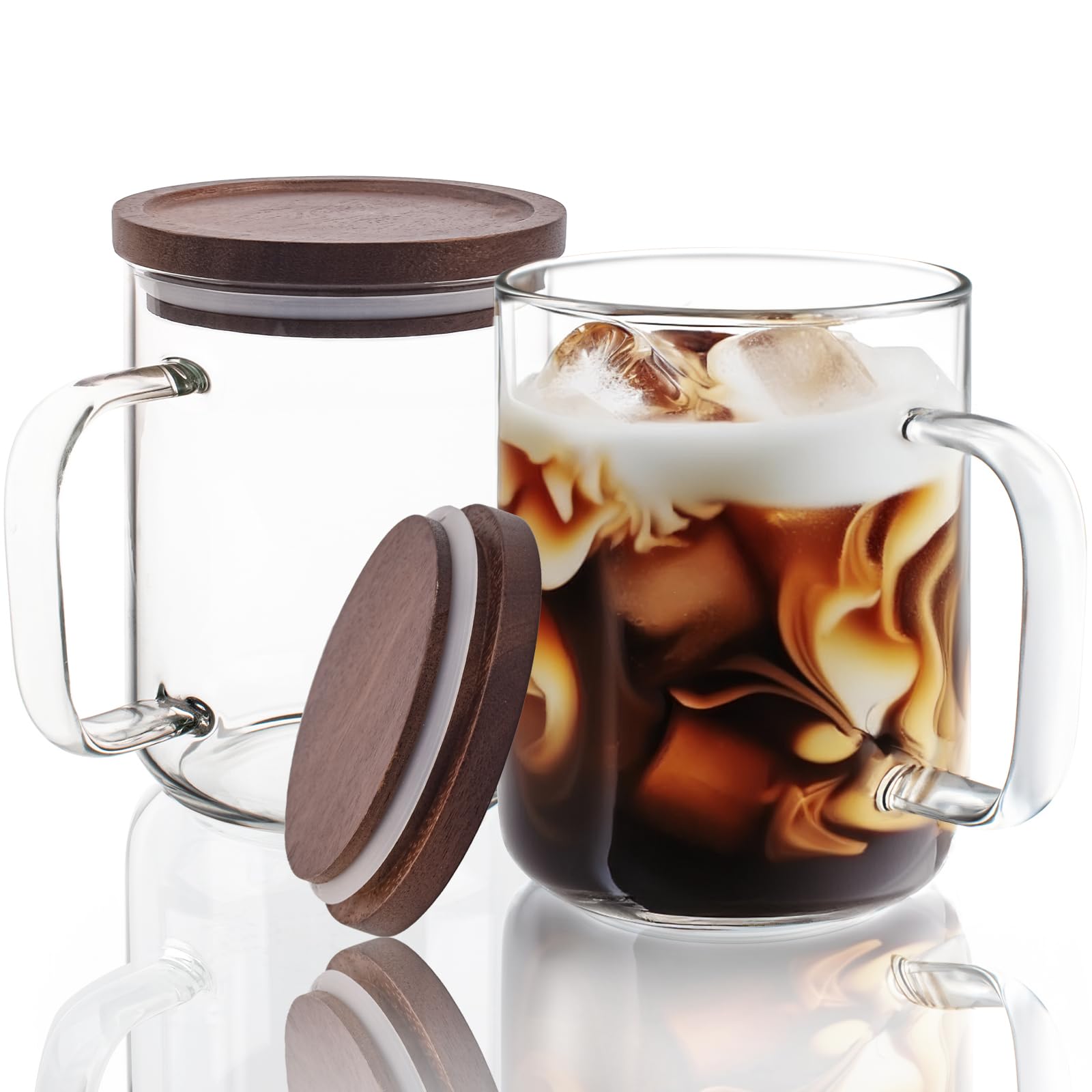 Glass Coffee Mugs Cups with Acacia Wood Lid 20 oz, Glass Mug Set of 2, Large Coffee Mug with Handles Microwave and Dishwasher Safe, Coffee Mugs for Latte, Espresso, Tea