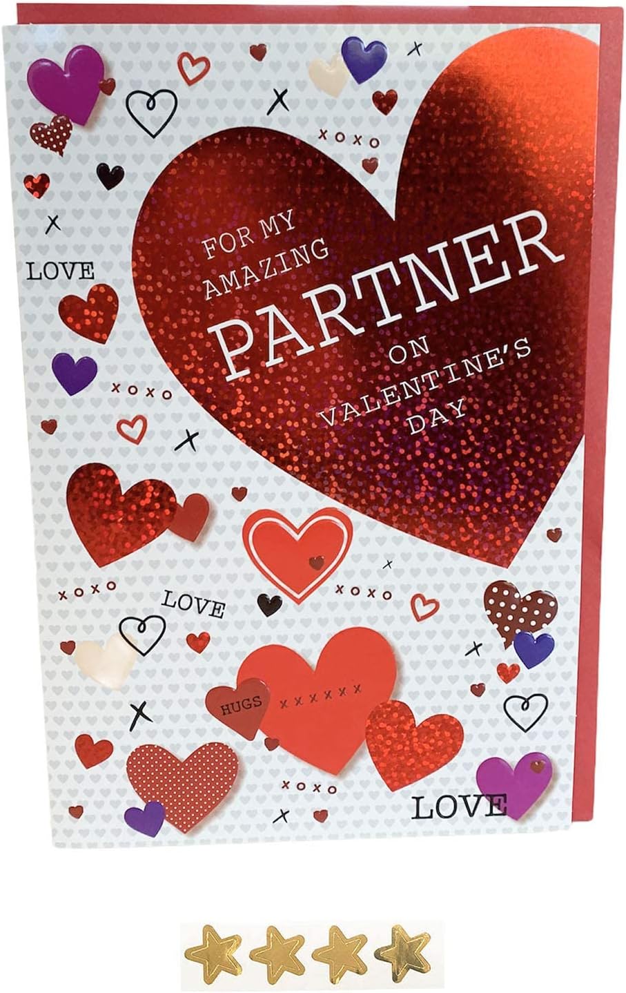 Valentines Day Card for Partner Him Her with Envelope Star Stickers Seal Romantic Cute Words Verse Red Purple Foil Love Hearts Embossed Design