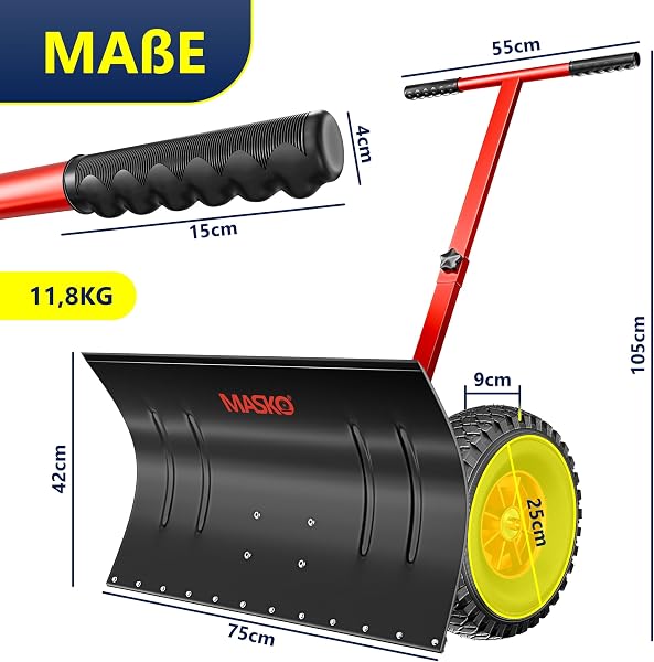 MASKO® Pelle à Neige sur Roues réglable en Hauteur – 5 Positions de Hauteur réglable – Pelle à Neige pour Le Dos – Pelle à Neige – Hauteur de Travail : 42 cm, Pliable pour économiser de l'espace - 1