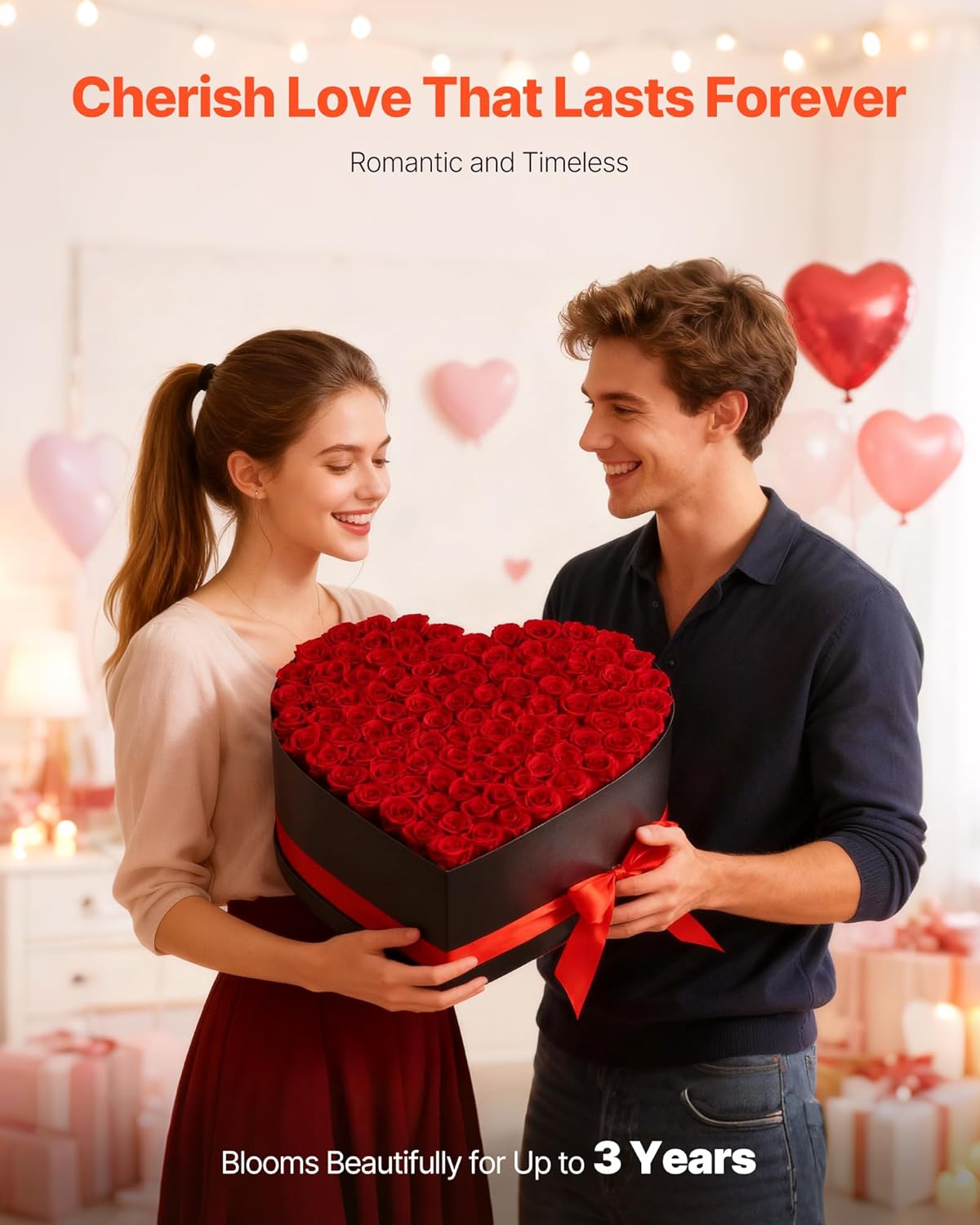 VEVOR Forever Flowers, 100 Preserved Roses in a Heart Shape Box, Eternal Flowers Immortal Bouquet Birthday Present for Women Her Wife Mothers, Anniversary, Valentine's Day,Christmas, Red
