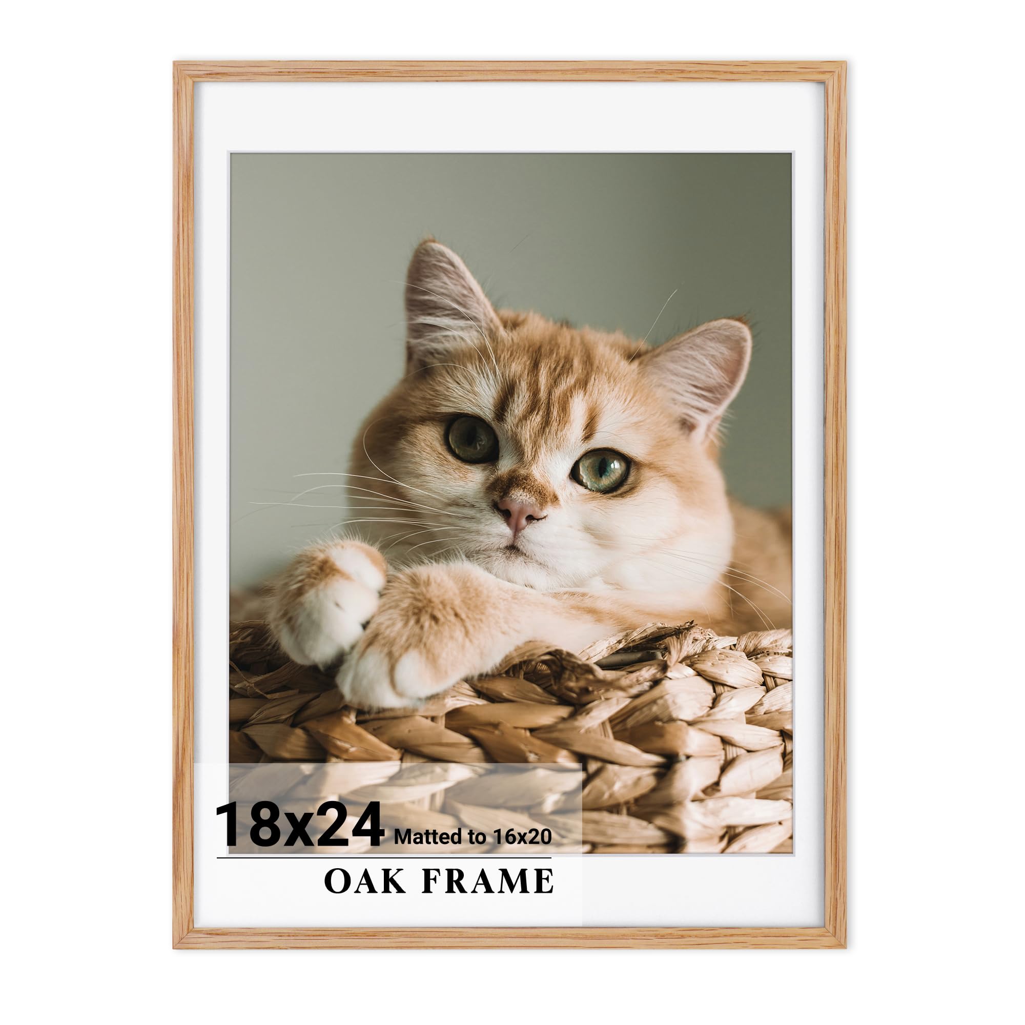 18x24 Picture Frame, Solid Oak Wood 18"x24" Frame for Wall Home Office Poster Gallery Decor, 18x24 Frame Matted for 16x20, 18x24 Poster Frame with Real Glass- Natural Oak，1 PC