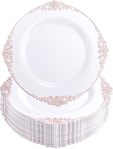 Miniatura 1 de Morejoy 100 platos de plástico de oro rosa, platos desechables de oro rosa, platos llanos de plástico blanco de 10.25 pulgadas con borde de oro rosa