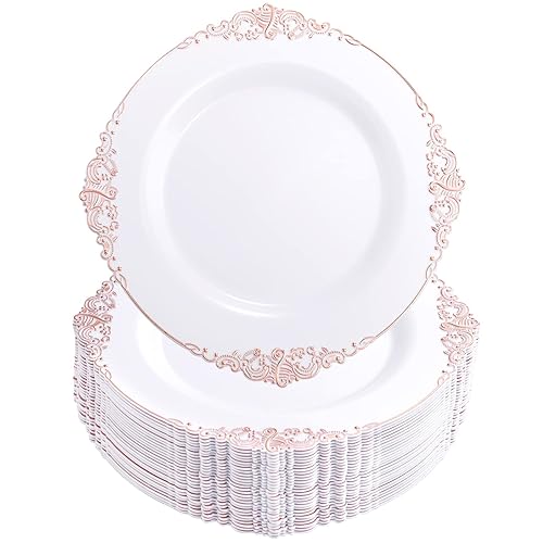 Morejoy 100 Pieces Rose Gold Plastic Plates - Rose Gold Disposable Plates - 10.25inch White Plastic Dinner Plates With Rose Gold Rim for Weddings & Parties & Shower