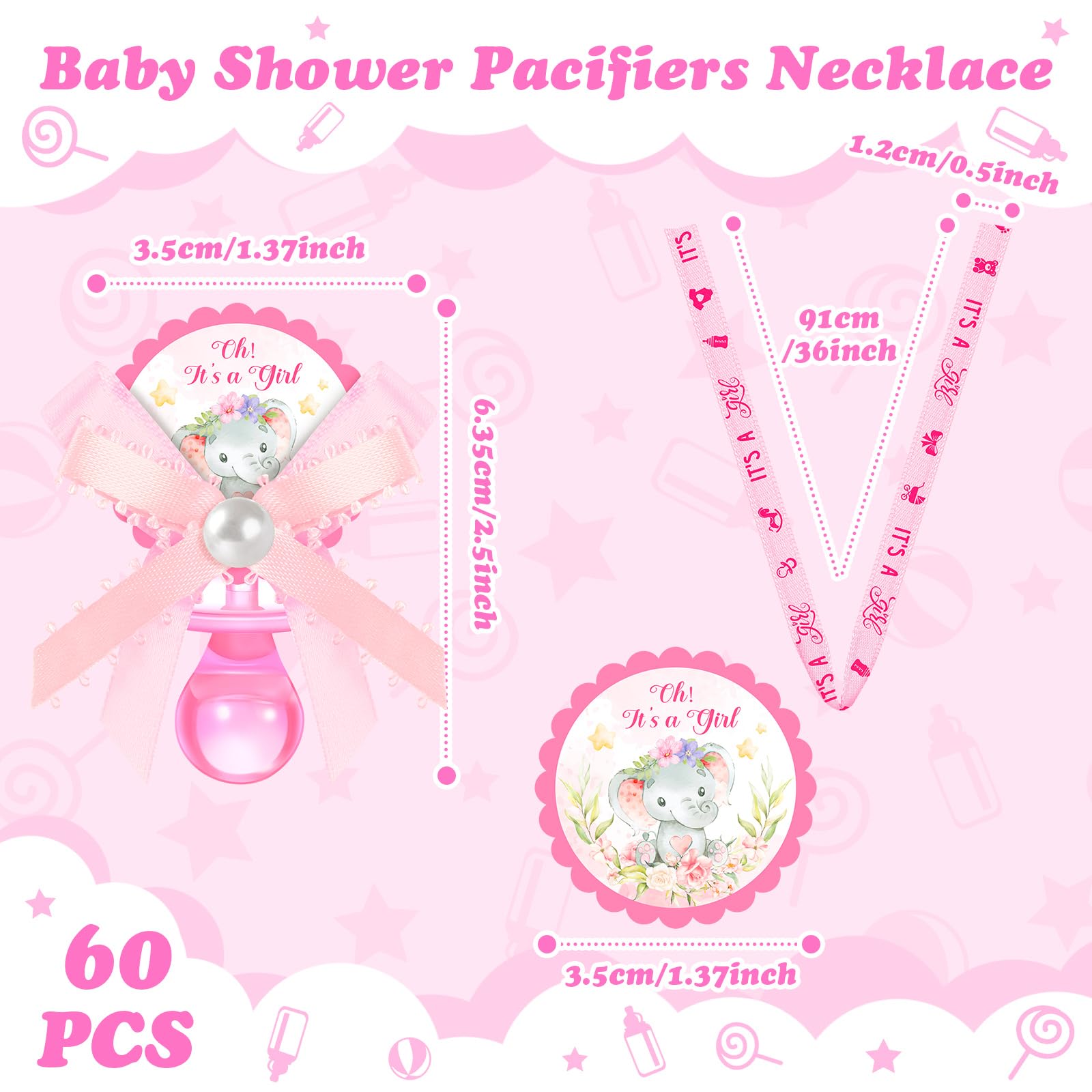 Remuuly 60 Pcs Baby Shower Pacifiers Necklace Cute Elephant Acrylic Pacifier Party Favor Pacifiers Charm Necklace for Girls Boys Baby Shower Party Table Scatter(Girl Pattern)