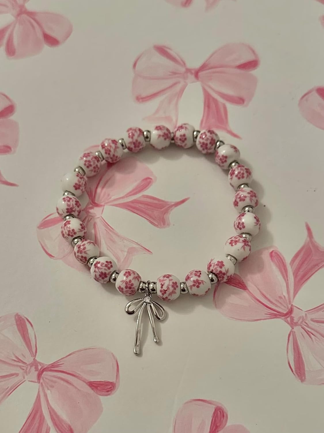 Beads Bow Charm Bracelet for Women Flower Vintage Bracelet Handmade Stretch Beaded Dainty Romantic Jewelry Gifts - Image 3