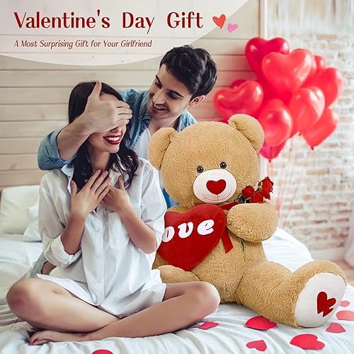 Miniatura 4 de MorisMos Oso de peluche gigante de 4 pies, oso grande de corazón rojo para novia, día de San Valentín, oso de peluche suave, regalo para novio y