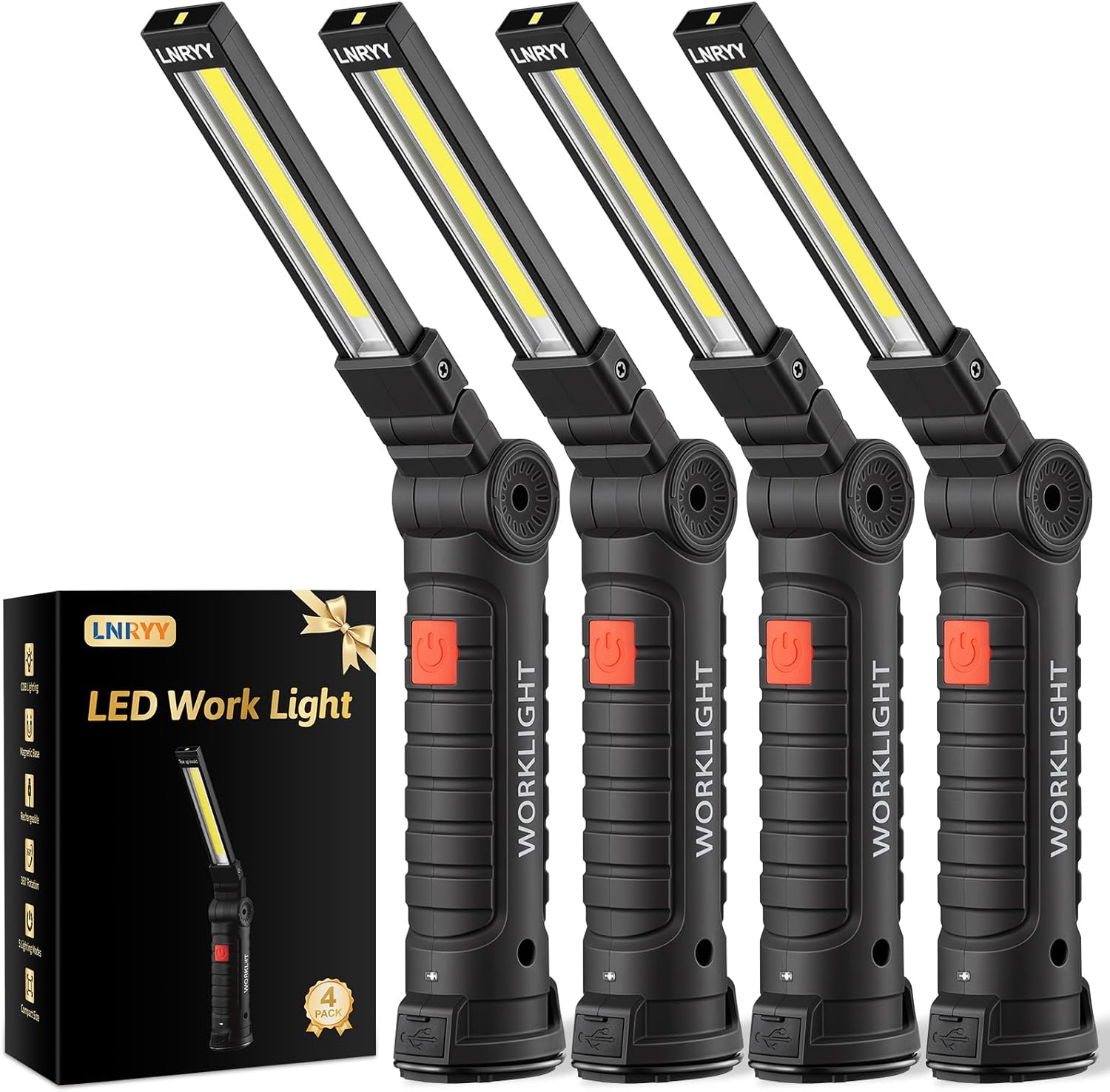 LNRYY Magnetic Work Light 4Pack, Rechargeable LED Work Light with 360° Rotation, 5 Mode Mechanic Light, Compact Magnetic Flashlight with Hook for Car Repairing, Emergency, Fathers Day Dad Gifts
