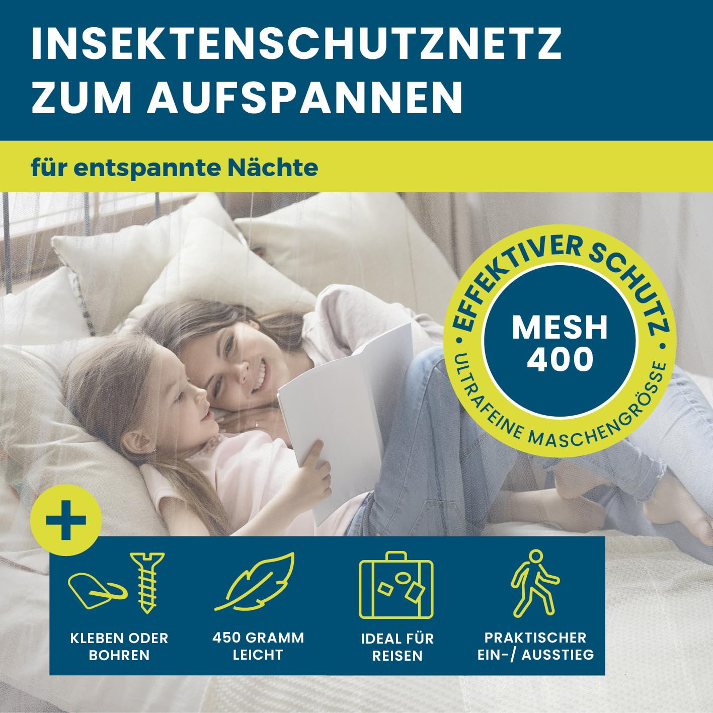 HOBERG Moskitonetz Reise | XXL Mückennetz Bett für Kinderbett, Einzel- & Doppelbett | Outdoor Moskitozelt 400 Mesh für Balkon | Insektenschutz Baldachin zum Kleben oder Bohren - mit Spannring 60 cm Ø