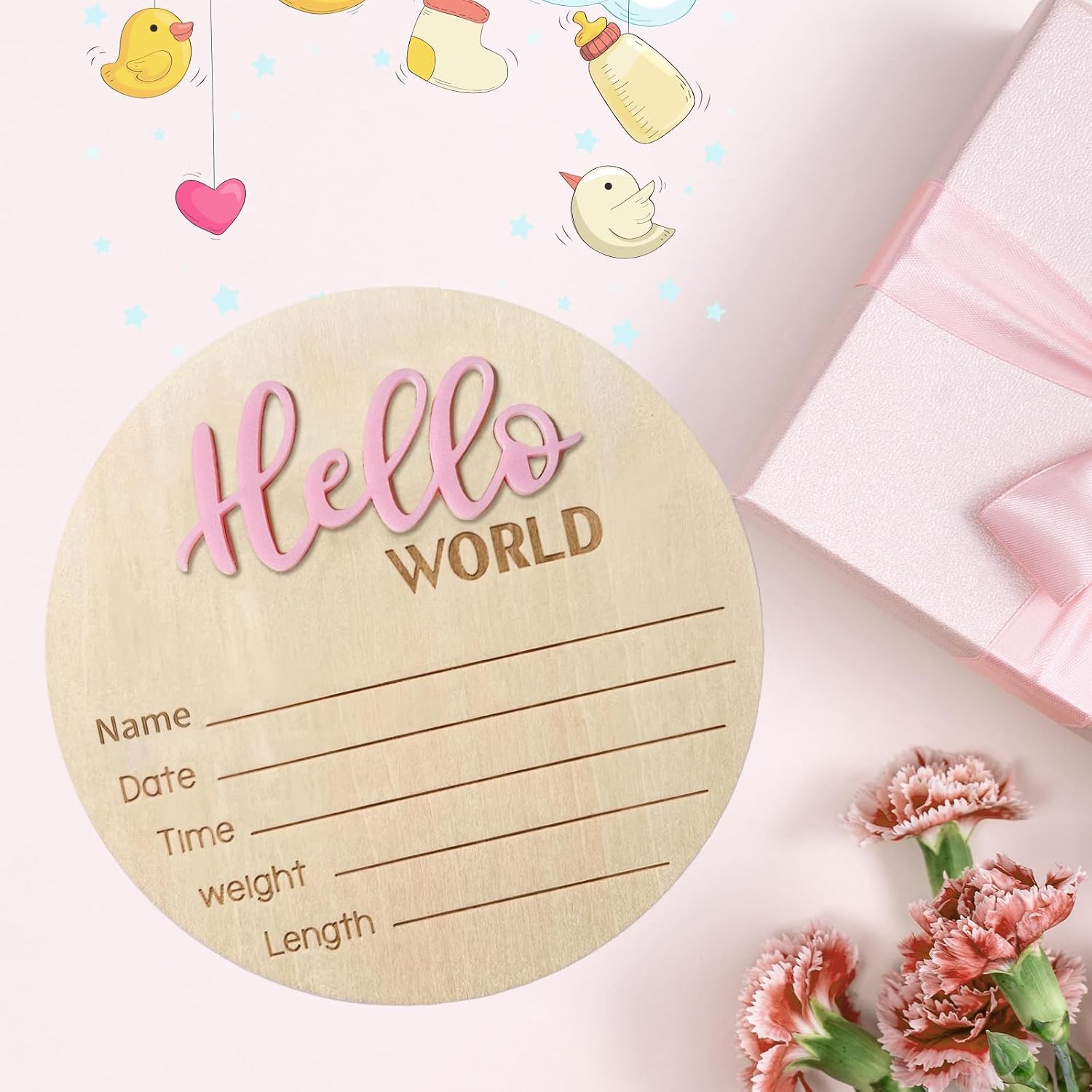 Baby Announcement Sign - 5.9 Inch Wooden Hello World Newborn Sign, Birth Announcement, Baby Shower Hospital Nursery for Newborn Boys and Girls (Pink) image 5