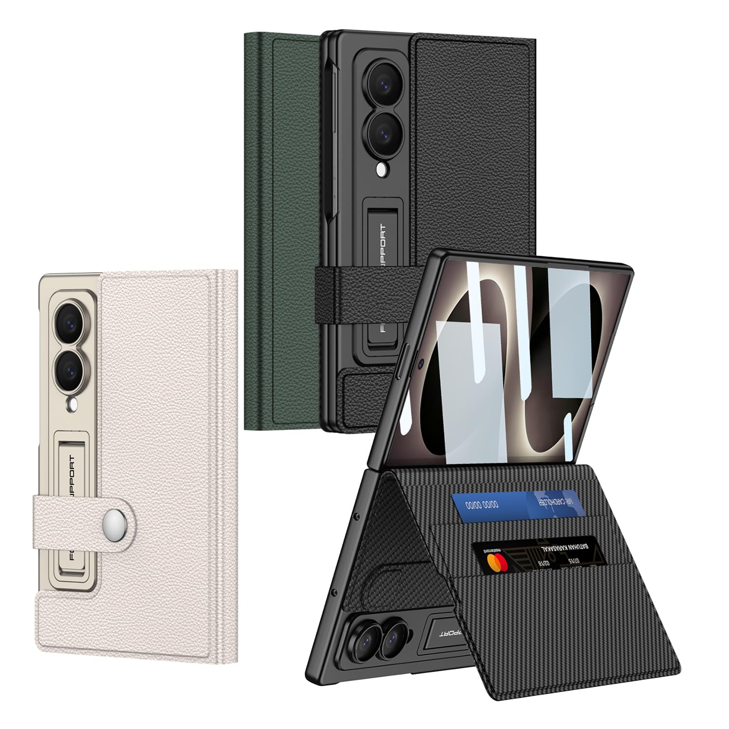 COQUE Etui na telefon Galaxy Z Fold 8, skórzane etui z klapką z miejscem na karty, hartowana folia, pełna osłona ochronna z zawiasami do Samsung Galaxy Z Fold 8 - włókno węglowe