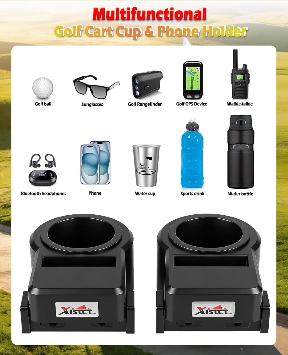 Universal Golf Cart Cup Holders, 2 Pack Upgraded Waterproof Armrest Drink Holder with Phone Holder, No Drilling Space-Saving for EZGO Club Car Yamaha, Fits 1.0"-1.25" Square Tube Frame & Grab Bar