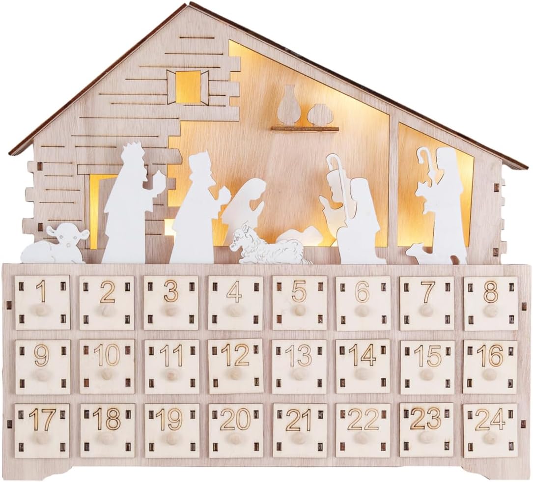 Creative Co-Op Wood Laser Cut Nativity Advent Calendar with LED Light and Drawers, Natural