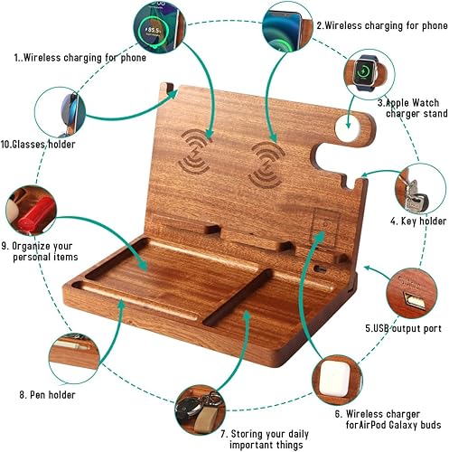 Miniatura 2 de Organizador de mesita de noche con 4 cargadores inalámbricos para 2 teléfonos iPhoneAndroid, Apple Watch, Airpod, estación de carga inalámbrica