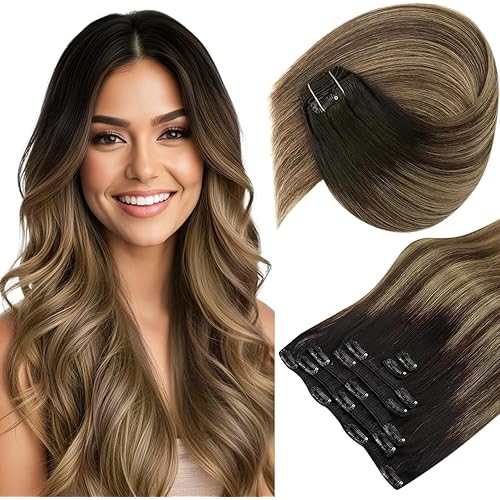 Sunny Hair Clip in Hair Extensions Real Human Hair Double Weft Remy Hair Clip in Extensions Human Hair for Women Full Head Black Ombre Brown Balayage Caramel Blonde 24inch