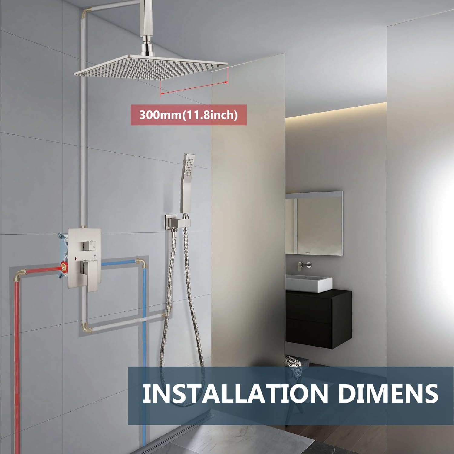 Aolemi Ceiling Mount Shower Faucet Set with Handheld Spray High Pressure Shower Faucets Sets Complete Rough-in Valve and Shower Trim Kit System Included Rainfall Brushed Nickel 12 Inch LED Shower Head - Image 9