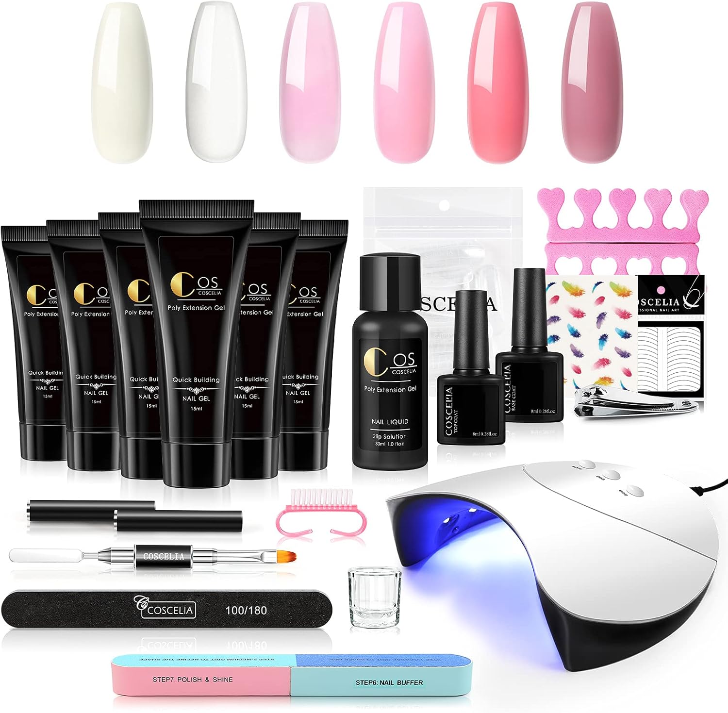 COSCELIA Poly Nail Gel Starter Kit with 6 Ploy Nail Gel 36W Nail Lamp