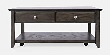 Jofran Acacia Coffee Table with 4 Drawers and Wheels, Contemporary Transitional Table for Living Room, 44 Inch Storage Table, Slate Brown