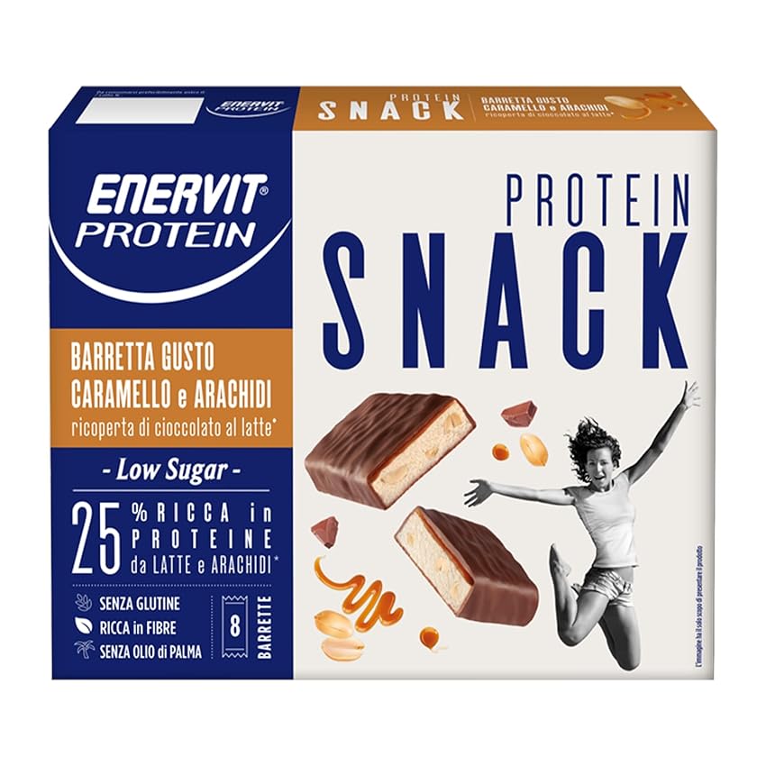 Immagine del prodotto Enervit, Snack Astuccio 8 Barrette con Arachidi, Cramello e Cioccolato al Latte, Barrette Energetiche Ricche di Proteine e Fibre, Senza Glutine e Olio di Palma, 8 Barrette da 27 Grammi