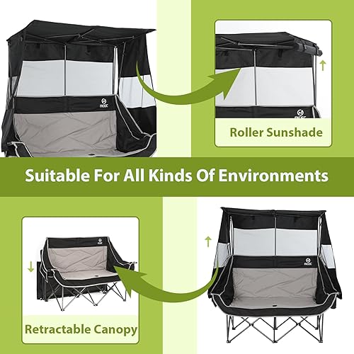 Miniatura 5 de Nice C Silla de campamento doble con toldo, silla deportiva portátil con sombra, sofá biplaza plegable para exteriores con bolsa refrigeradora,