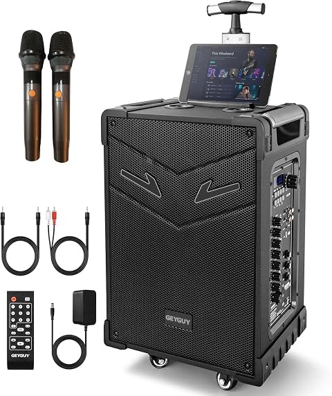 GTSK10-3 3-Way Portable Bluetooth PA Speaker System w/Wireless Mics – 10" Karaoke Speaker with Subwoofer, FM Radio, TWS, Rolling Wheels & Rechargeable Battery for Parties, Events, Game Day & Outdoors