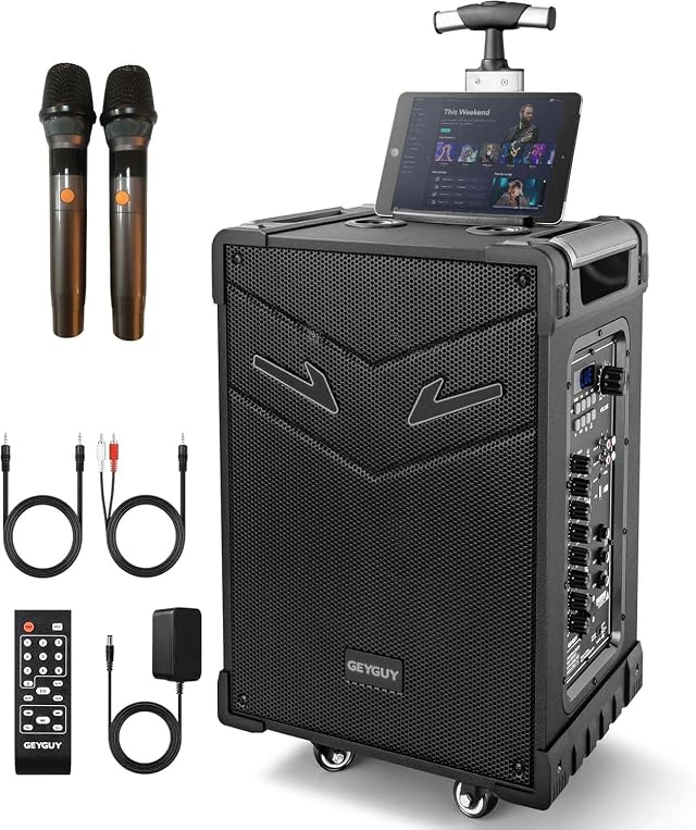 GTSK10-3 3-Way Portable Bluetooth PA Speaker System w/Wireless Mics – 10" Karaoke Speaker with Subwoofer, FM Radio, TWS, Rolling Wheels & Rechargeable Battery for Parties, Events, Game Day & Outdoors