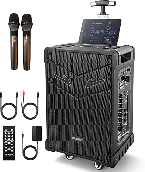 GTSK10-3 3-Way Portable Bluetooth PA Speaker System w/Wireless Mics 10" Karaoke Speaker with Subwoofer, FM Radio, TWS, Rolling Wheels & Rechargeable Battery for Parties, Events, Game Day & Outdoors