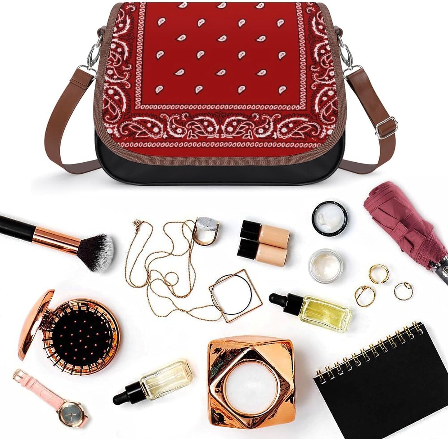 Bandana RedWomen's Faux Leather Crossbody Bag, Waterproof Wrinkle-Resistant Shoulder Bag with Detachable Strap, Large Capacity Casual Handbag, Fashion Daily Purse for Shopping Work Dating, Ideal Gift