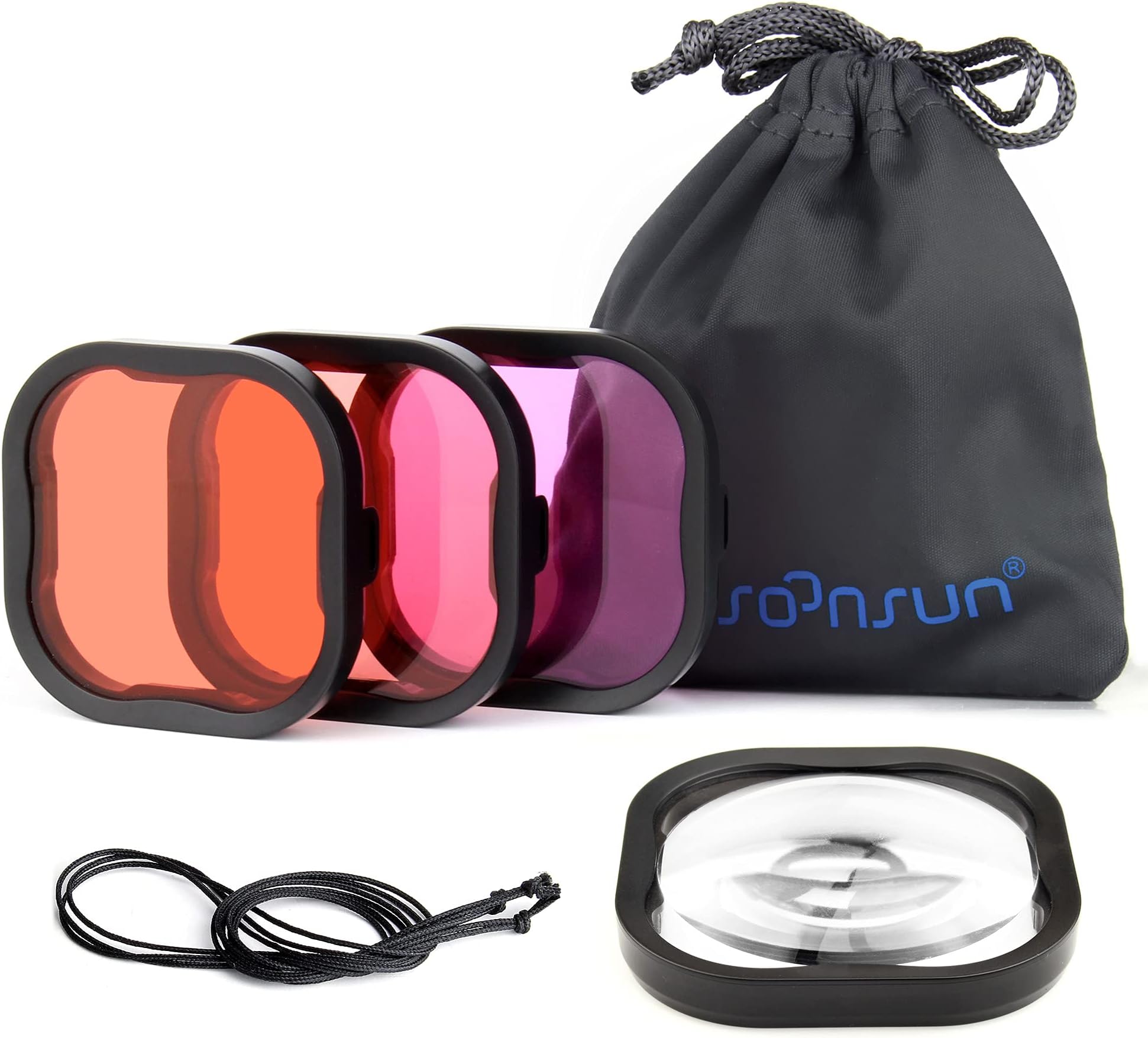 SOONSUN 4-Pack Dive Filter for GoPro Hero 13 12 11 10 9 8 Black Official Waterproof Housing - Red, Light Red, Magenta, 5X Close-up Macro Filters Color Correction for Underwater Photography and Video