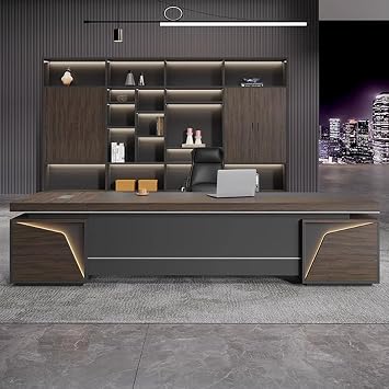 Brown Modern L Shaped Executive Office Desk with Light Strip, Wood Executive Office Desk with Lateral Cabinet, Writing Study Table for Home Office