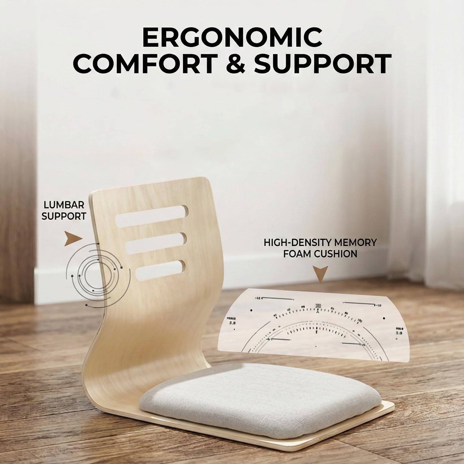 Zaisu Japanischer Bodenstuhl mit Lendenwirbelstütze, Ergonomischer Tatami Sitz aus Holz ohne Beine, Tragbarer Stuhl für Meditation, Lesen, Gaming