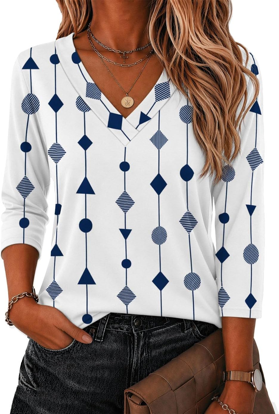 Zeagoo 3/4 Sleeve Womens Top V Neck Shirt Casual Blouse Basic Tshirts S-2XL