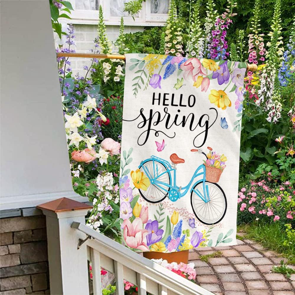 Spring Flag, Hello Spring Flags for Outdoors 28 x 40 Double Sided, Welcome Tulip Flowers with Bike Burlap House Flag, Seasonal Farmhouse Garden Yard Lawn Signs for Home Outside Décor