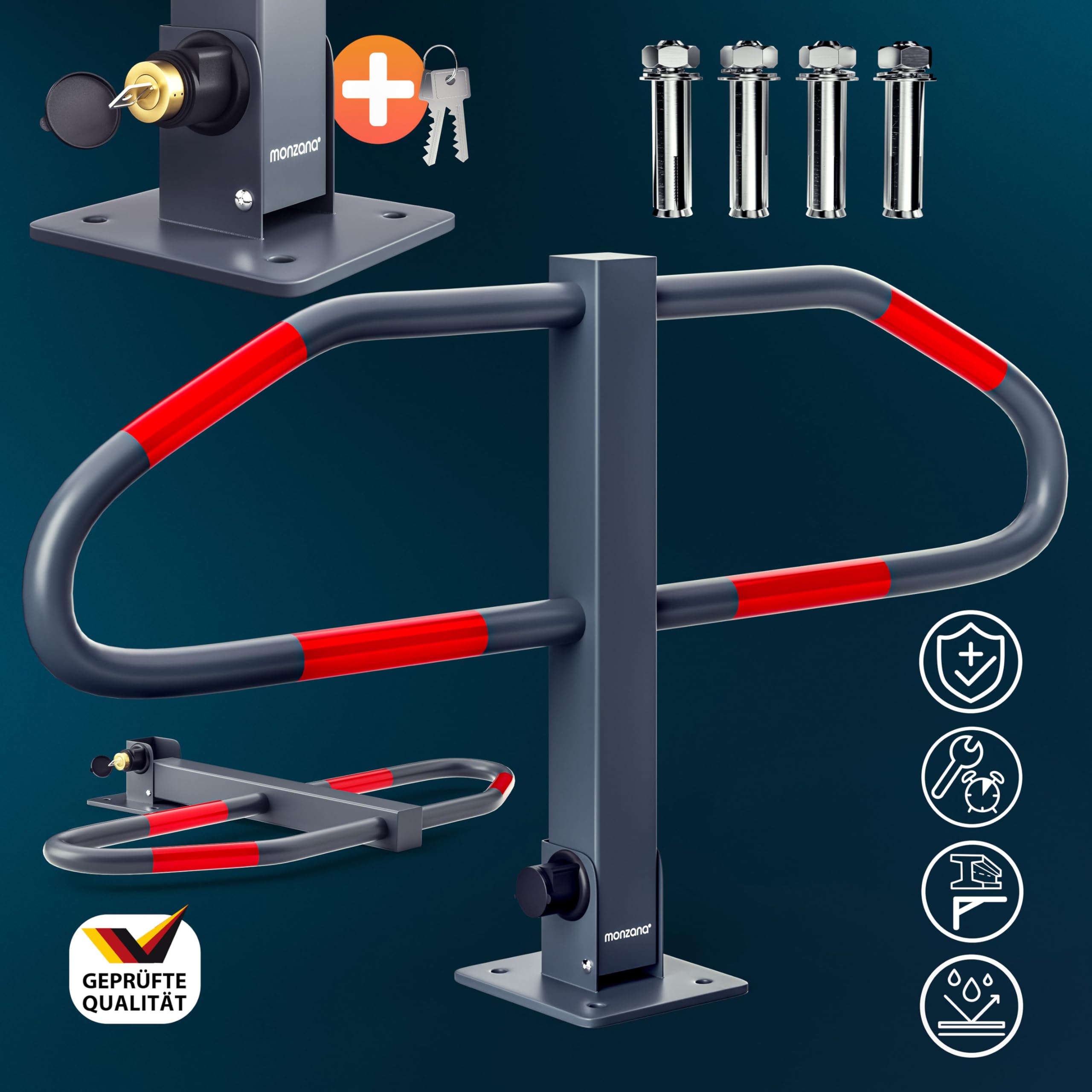 MONZANA® 2x Barrière de parking rabattable en acier forme arc plaque de sol barrière stationnement serrure 2 clés arceau de parking