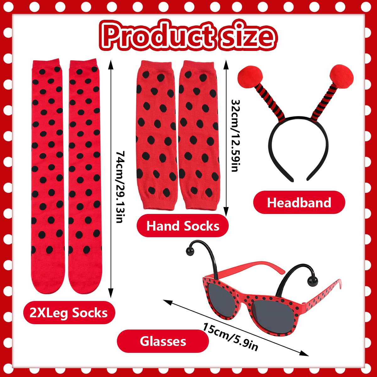 EduPlayte Women Ladybug Costume Accessories - Ladybug Headbands Glasses Striped Gloves for World Book Week Dress up - Image 2