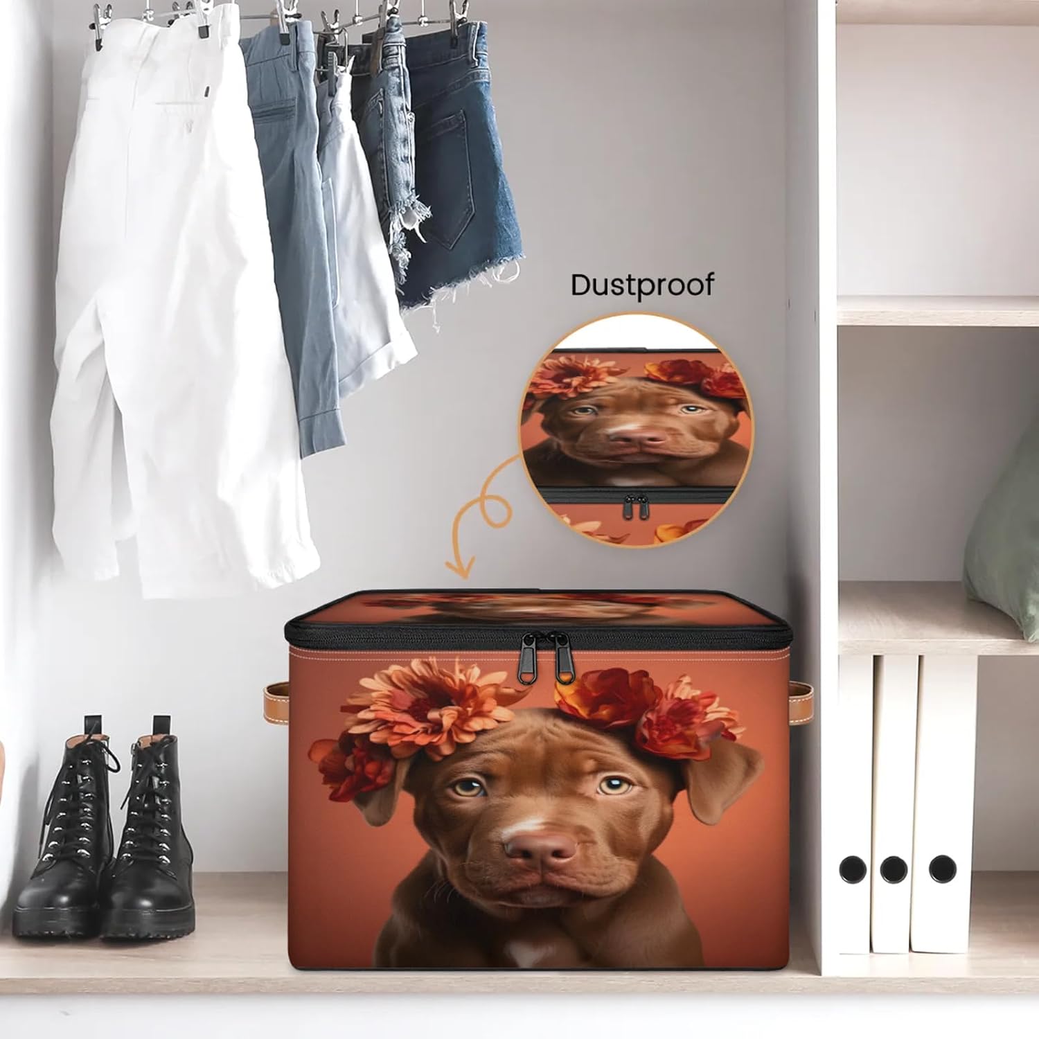 Storage Bin Set of 2 Cute Dog Rottweiler Storage Basket with Zipper Lid & Handle Foldable Closet Shelf 2 Pack Cloth Organizer Basket Cube Bins Clothes Organizer for Nursery, Bedroom