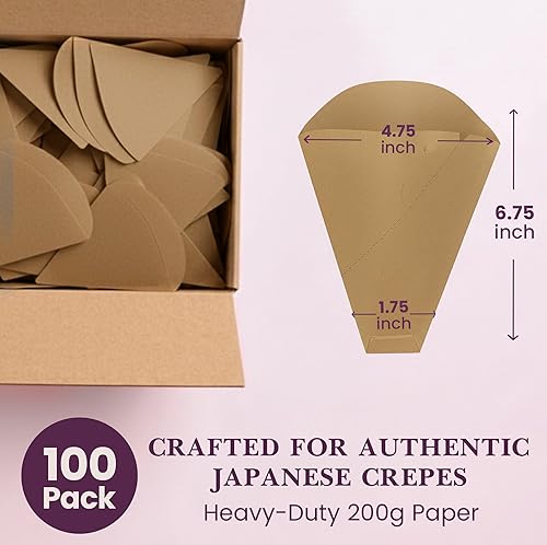 Miniatura 5 de Friteshop Eco Brown - Envolturas de crepé japonesas, conos desechables seguros para alimentos para crepes, postres, recipientes de papel resistentes