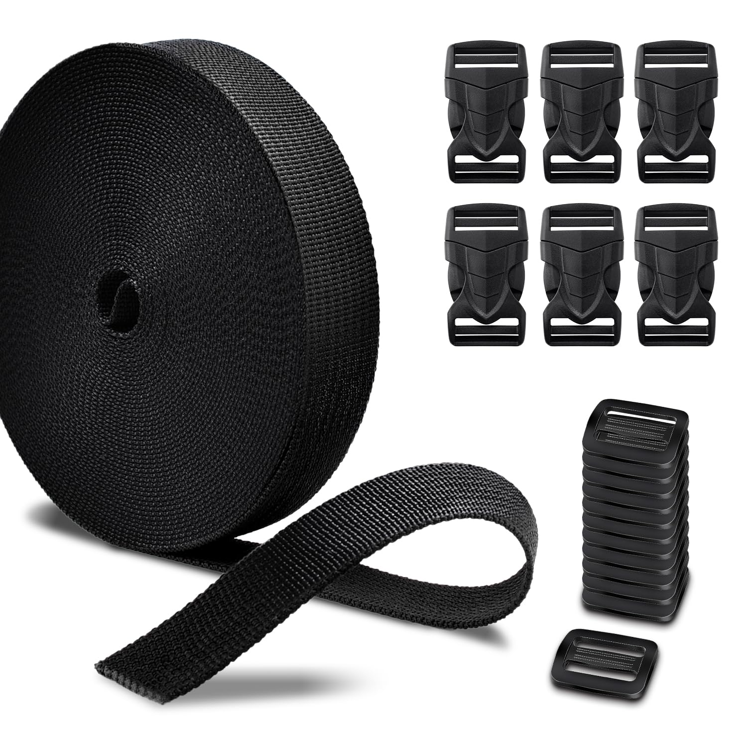 CooBigo Nylon Strap Set: 10 Yards Nylon Webbing, 6 Pack Quick Release Buckles, 12 Tri-Glide Sliders, Plastic Buckle, Dual Adjustable, 3/4" Buckle Straps