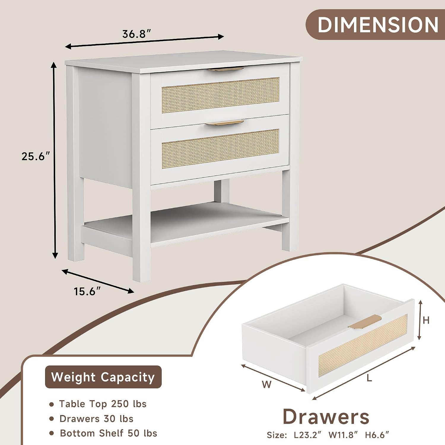 Boho Rattan Nightstand with 2 Drawers, Modern Large Bedside Tables, Wood End Table with Storage Shelf, Large Nightstand for Bedroom, Living Room, Entryway, White