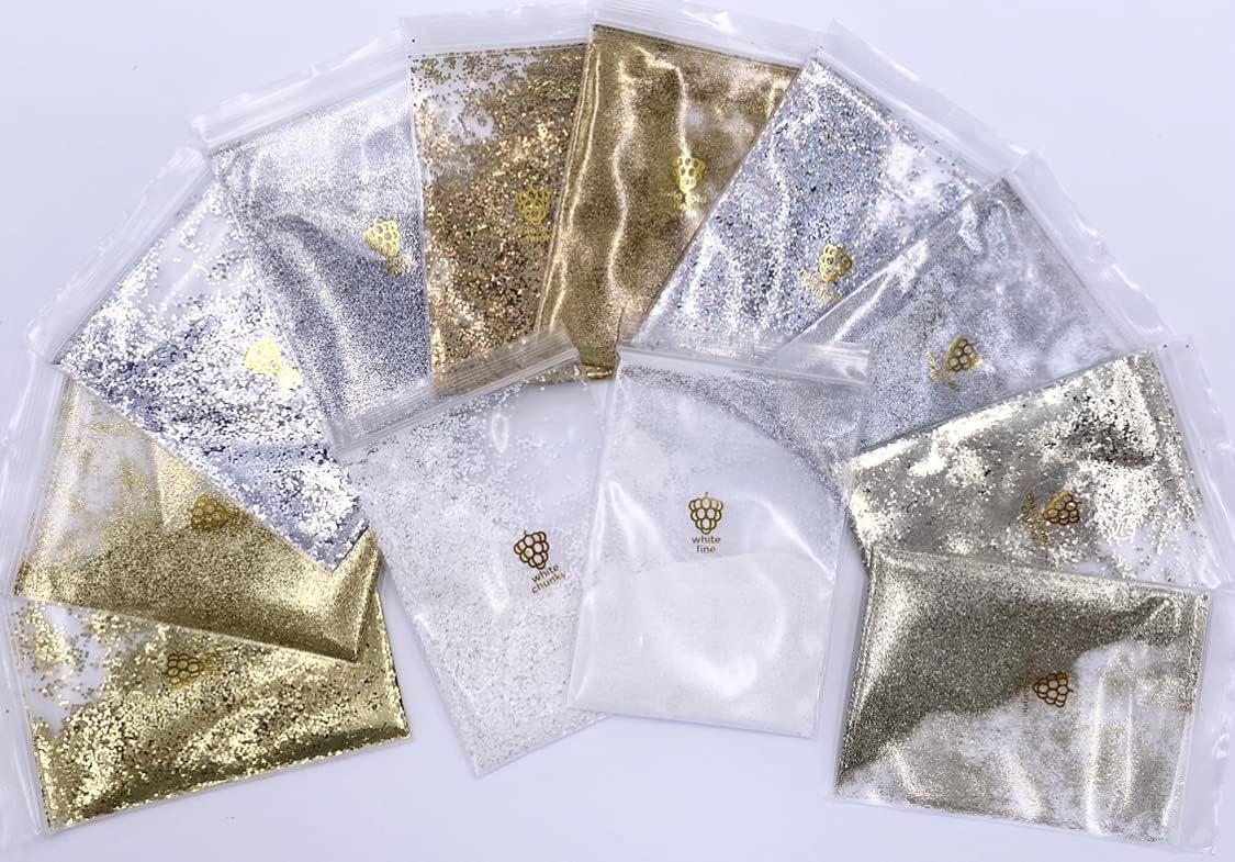 COLORBERRY White Aura Box - Pigment Powder & Glitter Set White (30x), 12 x Different Glitter and 2 x Metal Flakes, Mica Powder for Epoxy Resin, JESIN, KERAPOUR Art DIY Crafts