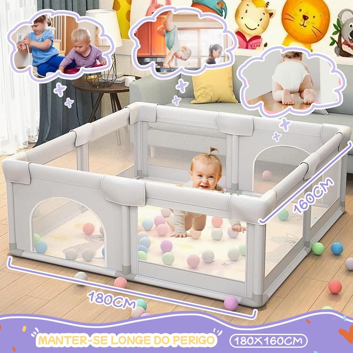 150×180×68cm Cercadinho para Bebe Para Bebês e Crianças Pequenas Chiqueirinho Bebe Para Internos & Externos Cercadinho de Segurança Resistente Para Bebês com Malha Macia e Respirável