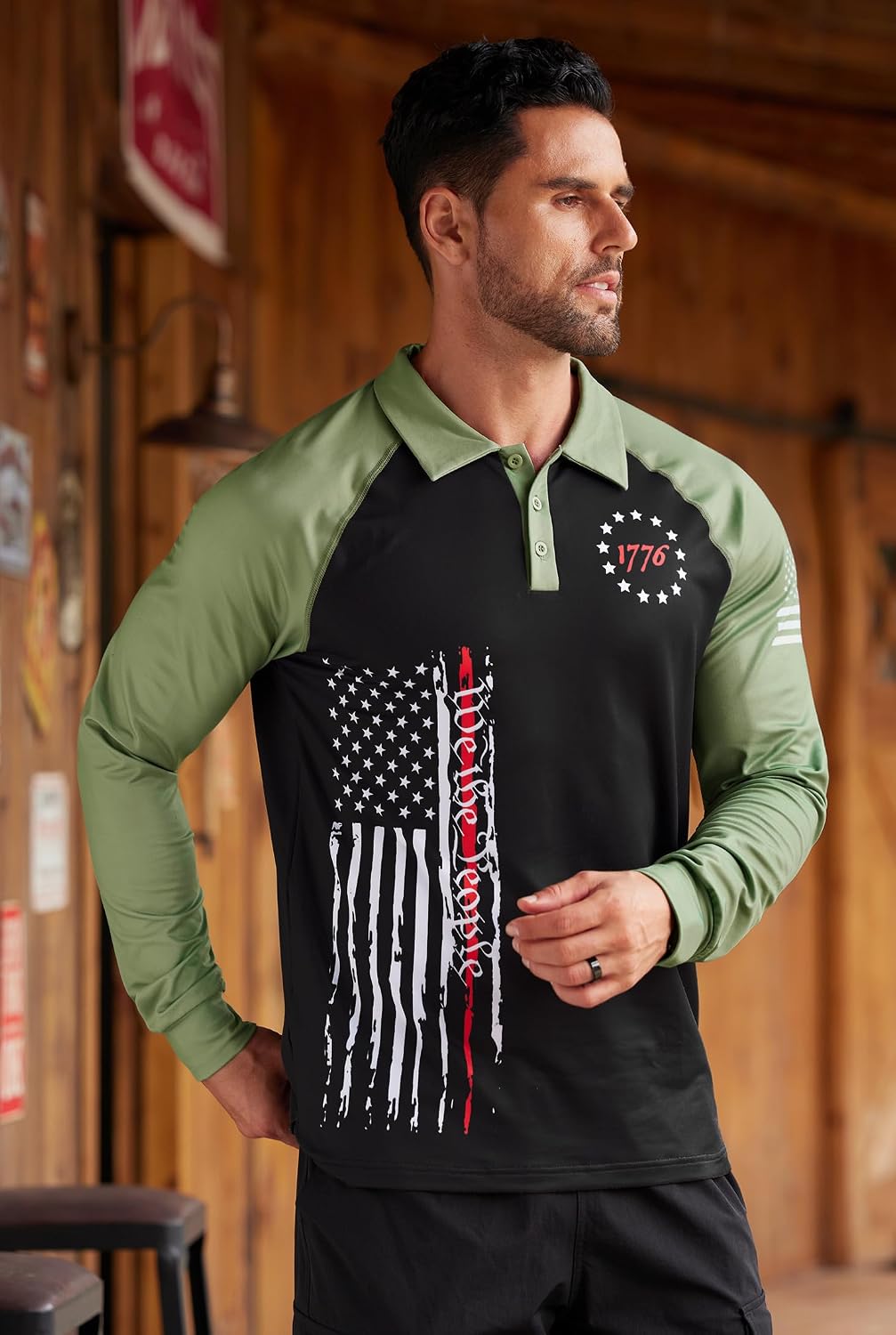 Mainfini Men's Long Sleeve 1776 Golf Shirt USA Flag Graphic Button Polo Shirt (S-3XL)