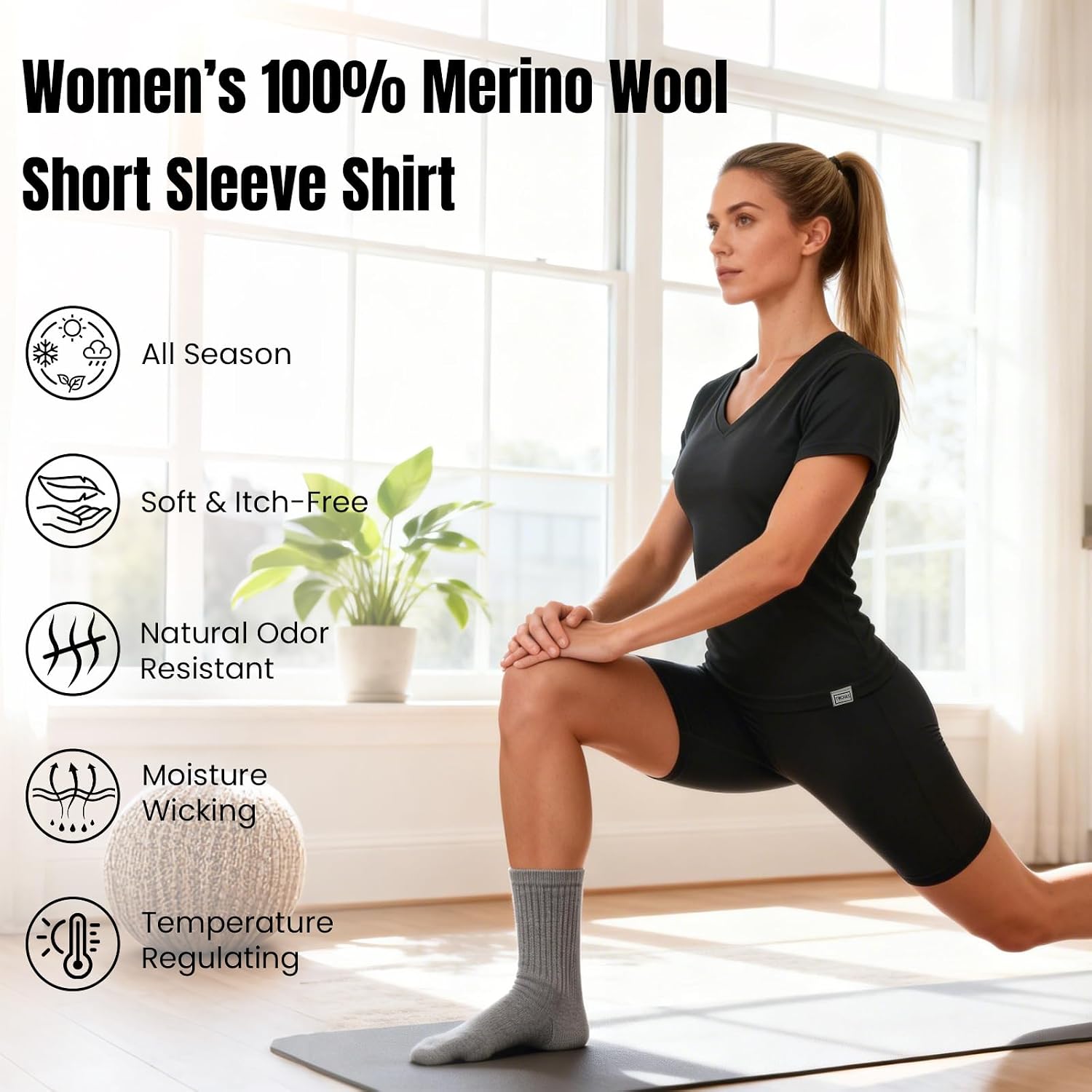 100% Women Merino Wool Short Sleeve Shirt, Breathable Tee for Running, Merino Wool Base Layer with Natural Fiber