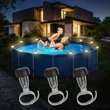 VICHTOP Solar Pool Lights - 3 Pack, Pool Lights for Framed Above Ground Pools, Outdoor Swimming Pool Fence Decoration Accessories, Waterproof LED Pool Solar Lights, Pool Enclosure Lighting Decor