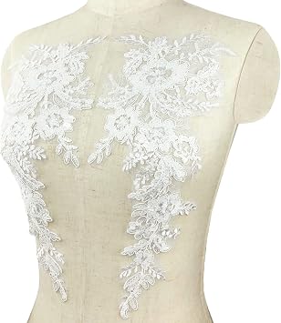 1 Pairs Sequins Flower Embroidery Lace Appliques Floral Embellishments Sew on Patches for Wedding Bridal Dress Party Gown Clothing Bodice Craft DIY #1 White-Off Car Bone Style