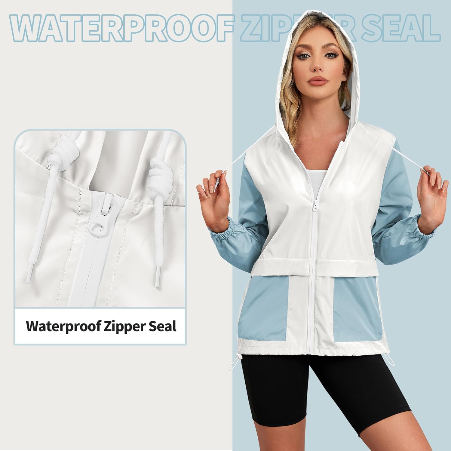 American Trends Lightweight Rain Jacket Women with Hood Packable Waterproof Rain Coats Womens Colorblock Anorak Windbreaker - Image 4