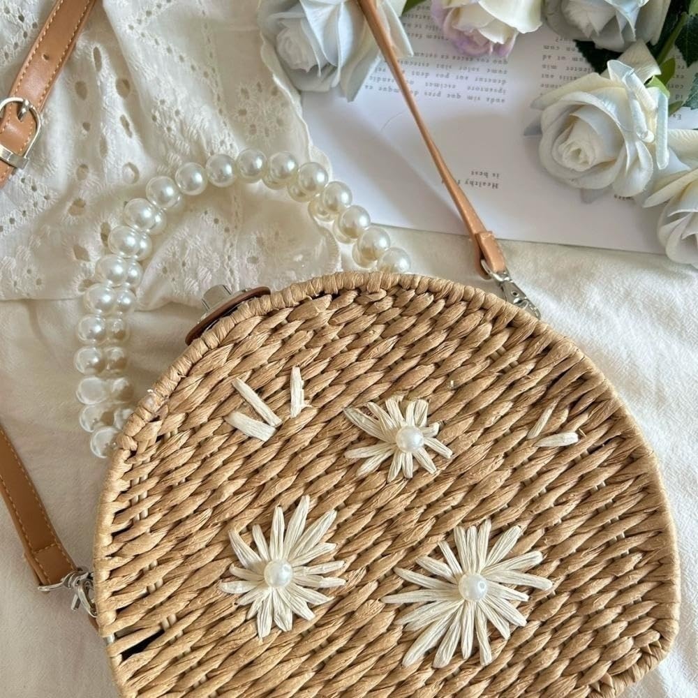 Round Rattan Bag for Women Handwoven Beach Shoulder Purse.Pearl handle tote bag
