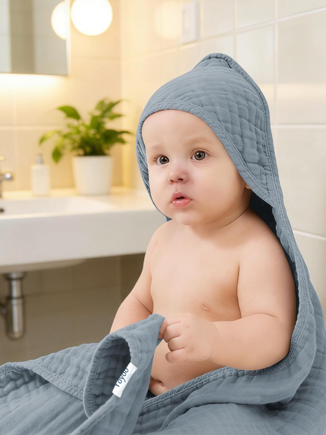 Muslin Hooded Baby Bath Towels - 3 Pack 100% Cotton Ultra-Soft Towels for Newborns, Infants, Toddlers - 32x32 Inch - Highly Absorbent, Quick-Dry Essentials for Bath, Beach, Pool, Green Blue Series - Image 5