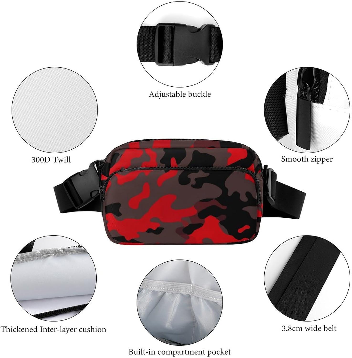 Red Camo Waist Bag Fashion Fanny Bag with Adjustable Strap for Outdoor Workout Cycling Unisex
